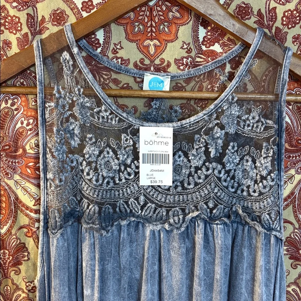 NWT BÖHME L J&M so soft sleeveless boho dress w/ embroidered top, marbled blue - Picture 2 of 9